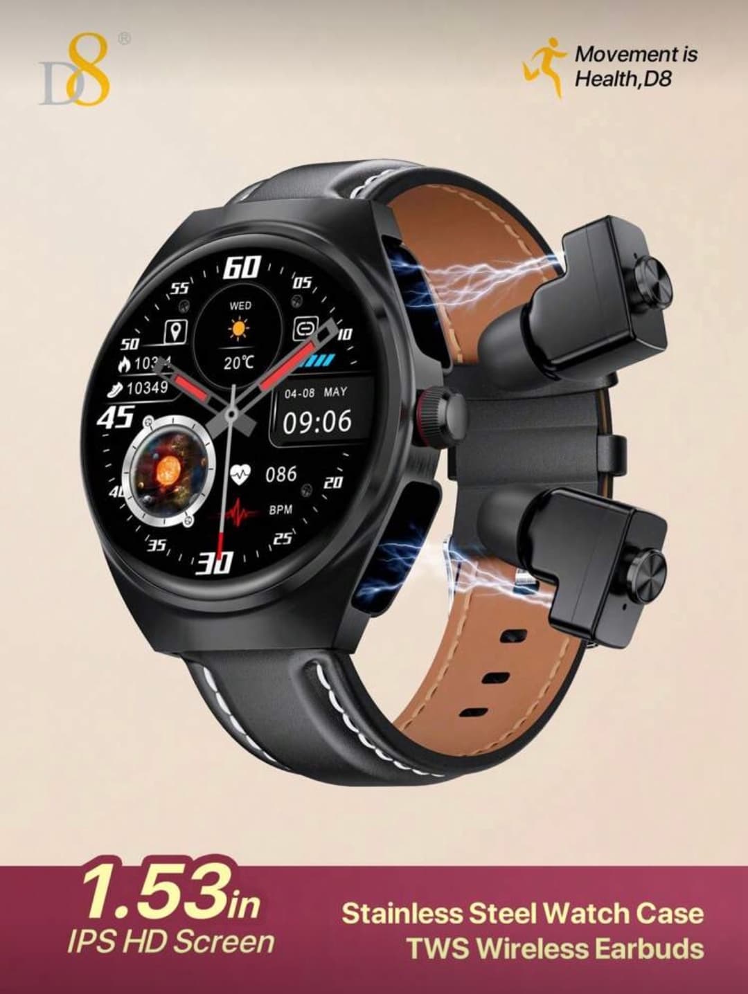 D8 Smart Watch With Earbuds