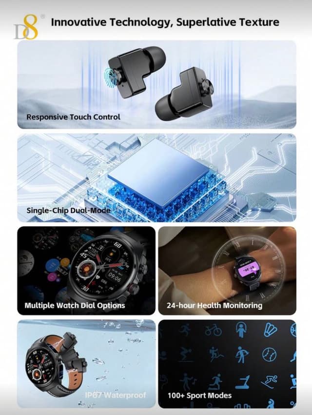 D8 Smart Watch With Earbuds